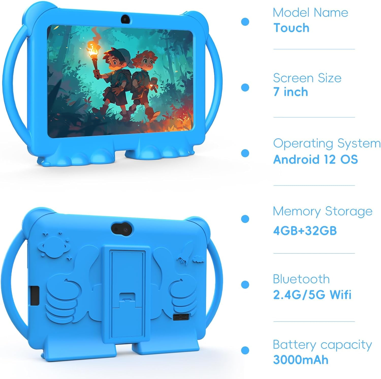 Kids Tablets 7 inch, Android 12 Tablet for Kids, 4GB RAM 32GB ROM, 512GB Expandable, with Parental Control, Google Certified Toddler Tablet, WiFi, Bluetooth, Dual Camera with Silicone Case