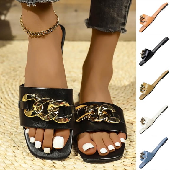 Bxsruta Women's Extended Size One-Strap Slide Sandals with Metal Chain Detail, Lightweight Flat Sole for Casual Beach and Everyday Wear