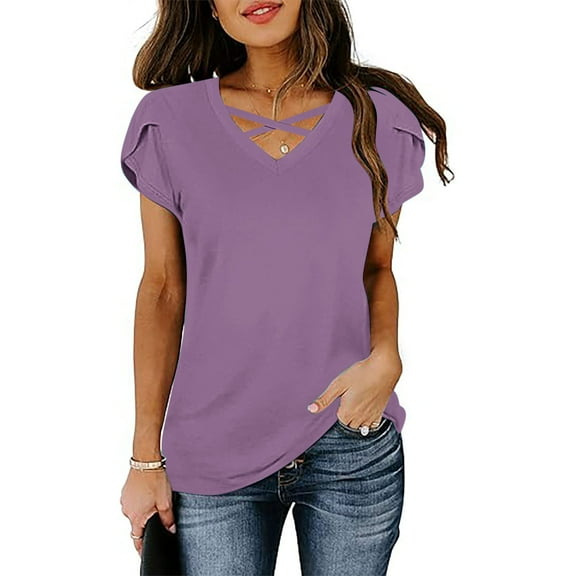 GaThRRgYP Chiffon Short Sleeve Blouse - Women's Summer Tops,Women's Fashion Tees Casual Crewneck 3/4 Sleeve Loose T Shirt Ladies Blouses Shirts Purple S