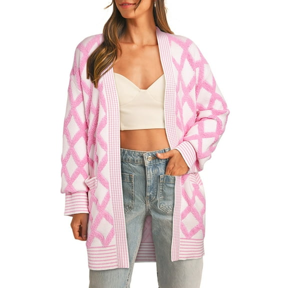 Women's Pink Rhombus Pattern Knit Open Front Cardigan with Pockets | [ZhiHiMeRi] | (US 12-14)L
