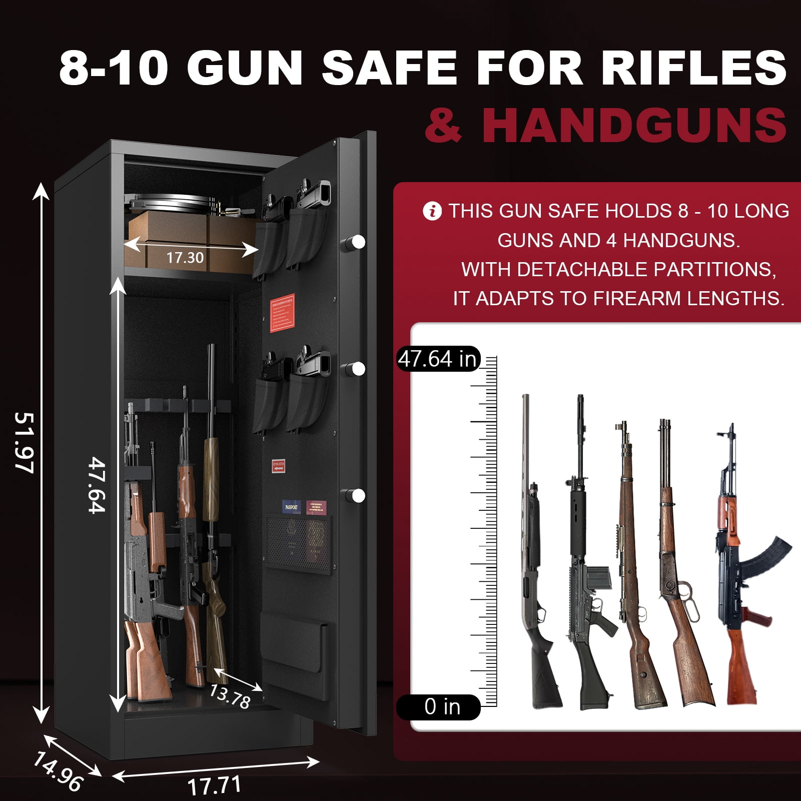 Foorsun 10-12 Electronic Gun Safe for Rifles and Pistols, Gun Cabinet for Home with Adjustable Shelves, Unassembled Gun Safes for Rifle and Password Lock, Alarm System & Mute Mode