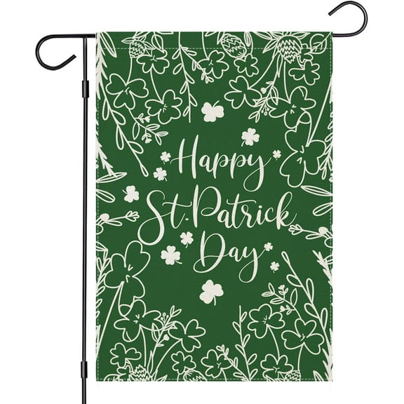 Happy St Patricks Day Garden Flags for Outside, Lucky Shamrock Leaves with Green Backgrond Yard Decoration, Small Seasonal Irish Outdoor Decor for Farmhouse Holiday,12.5x18 Double Sided