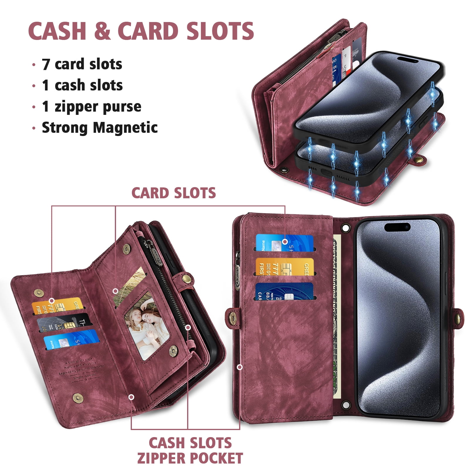 Asuwish Compatible with iPhone 16 Pro 6.3 inch Phone Case Zipper Wallet Detachable Tempered Glass Screen Protector Crossbody Strap Flip Card Holder Cell Cover for i Phone16 i16 16Pro Women Girls Red