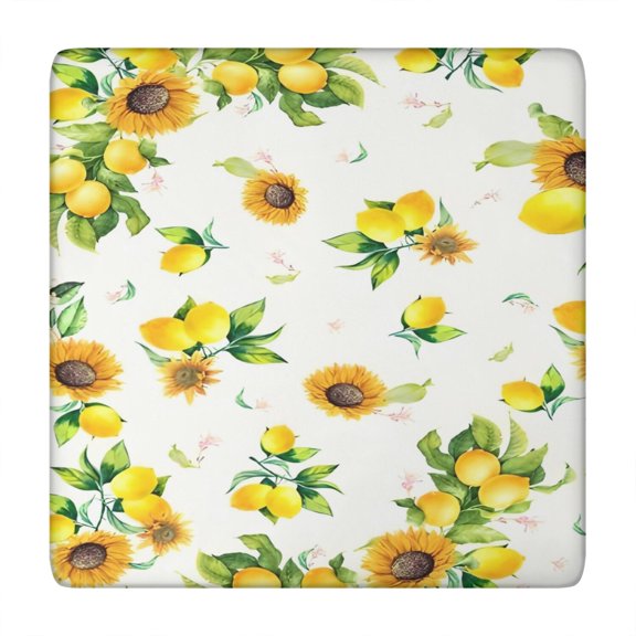 Yellow Lemon Fruit Sunflowers White Pattern Square Fitted Tablecloth with Elastic Edge,Square Table Cover,Washable Elastic Table Cover for Home Kitchen Party Decor 34"x34"