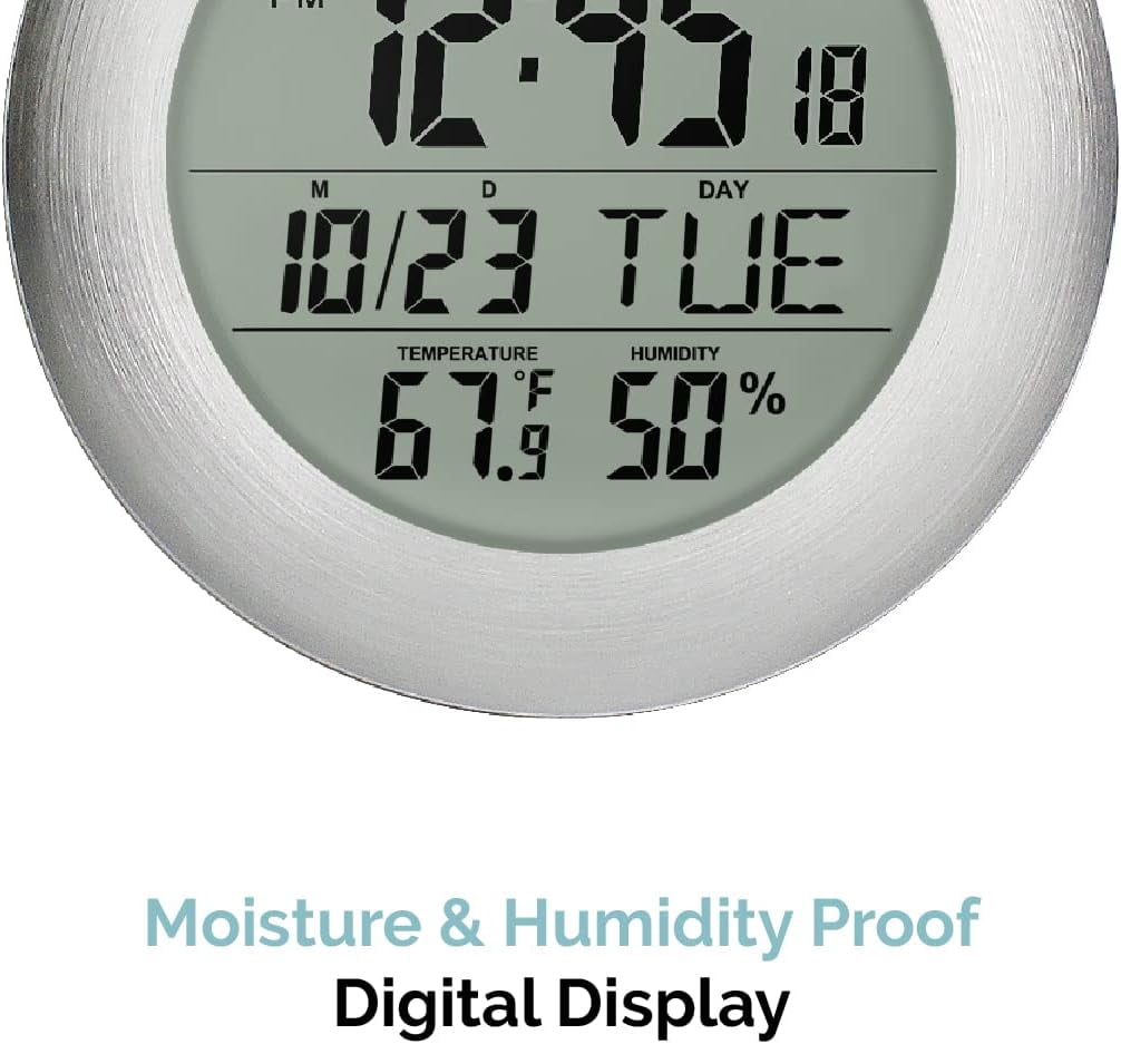 KADAMS Silver Waterproof Digital Timer Clock with Smart Alarm, Hygrometer, Temperature Display, Suction Cup, for Home Kitchen or Bathroom