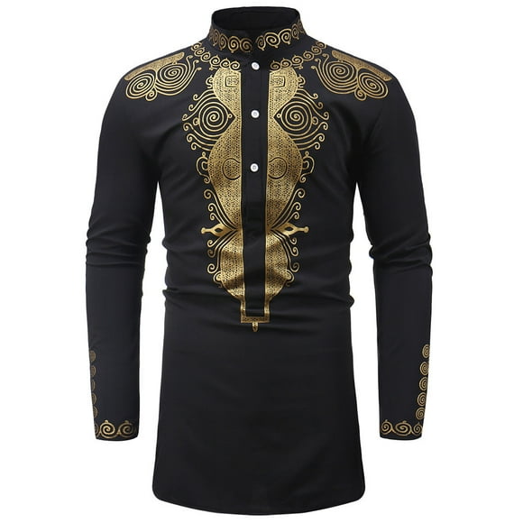 Lolmot Mens Autumn Winter Luxury African Print Long Sleeve Dashiki Shirt Top Blouse