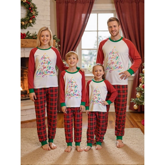 Family Matching Pajamas Sets Christmas Letters Printed Long Sleeve Tops with Plaid Pants 2Pcs Family Sleepwear