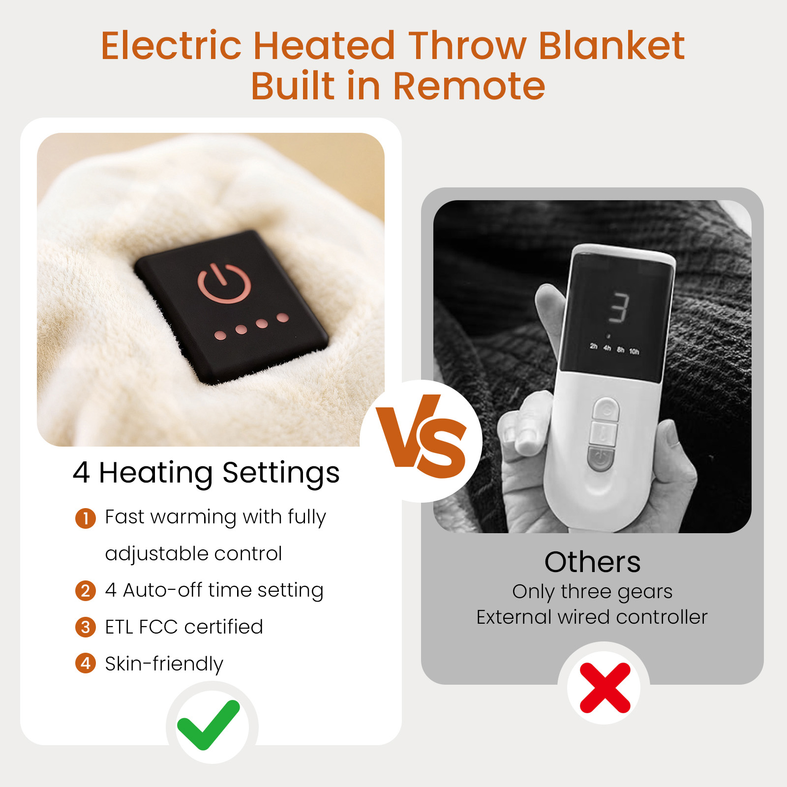 Heated Blanket Electric Throw Blanket with Built-in Button Controller 50"x60" One-Touch Heating Electric Blanket with 4 Heat Levels & 4 Hours Auto-Off Overheat Protection Cozy Soft Flannel