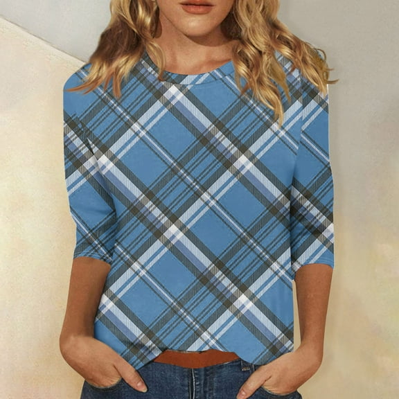 Tshirts Women Trendy Women's Fashion Casual Round Neck 3/4 Sleeve Loose Printed Ladies Top