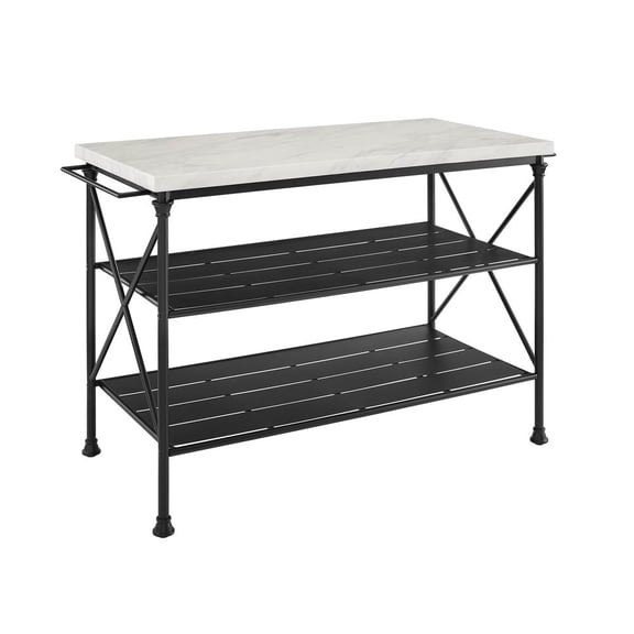 FurniFact Elegant White Marble Kitchen Island with Sturdy Matte Black Steel Base