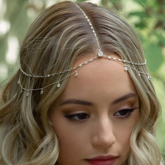 opolski Boho Style Head Chain Rhinestones Pendant Double Layer Elegant Headpiece Bling Bridal Forehead Chain Jewelry Gift Hair Accessory Silver