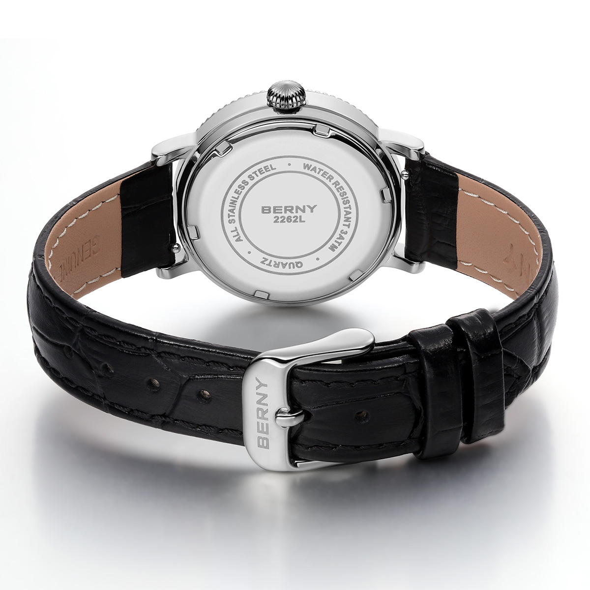 BERNY Womens Leather Watch, Vintage Roman Numerals Luxury Moon Phase Watch with Day & Date, Stainless Steel, Sapphire Crystal, Waterproof, Fashion Dress Analog Quartz Wrist Watches for Women (Silver)