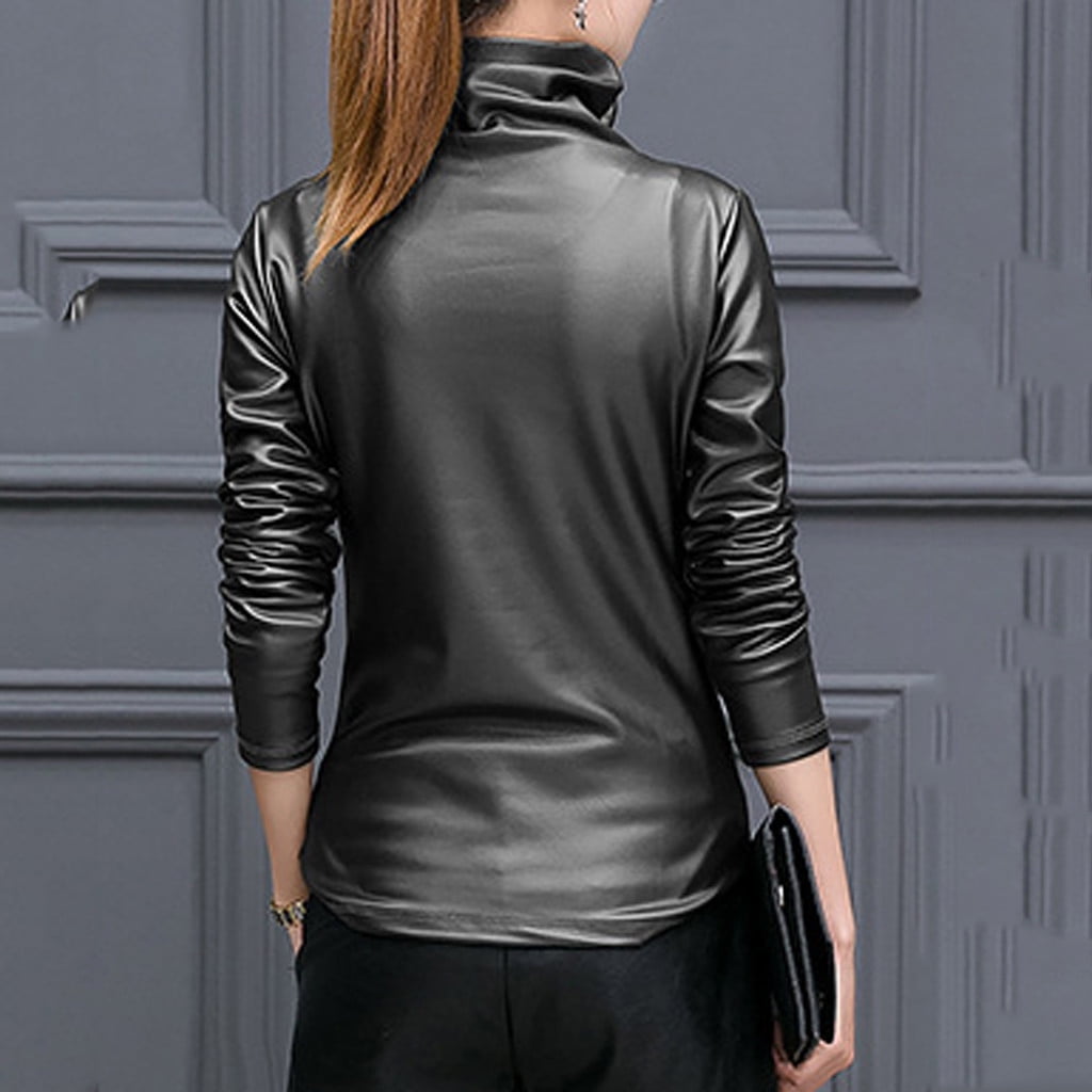 Womens Tops,Women Basic Shirts Faux Leather Solid Turtleneck Long Sleeve Blouse Tops Casual - image 4