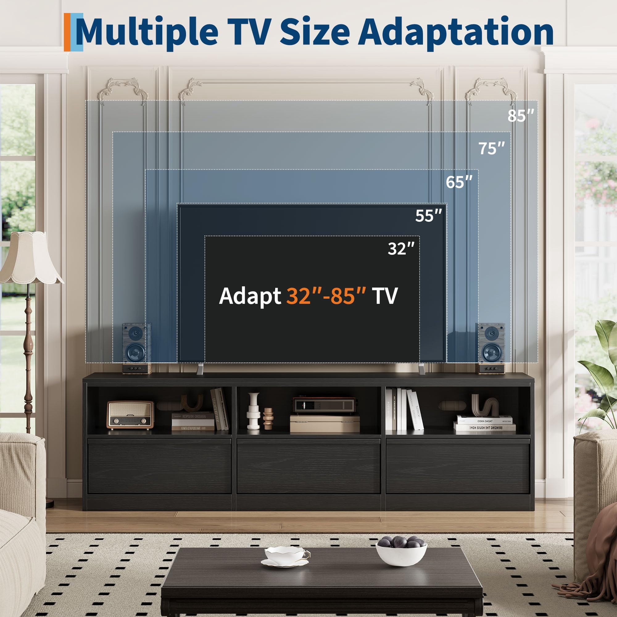 Modern TV Stand with Storage for TVs Up to 85", 70 inch Media Console with Drawer & Open Shelves, Mid Century Entertainment Center for Living Room, Black