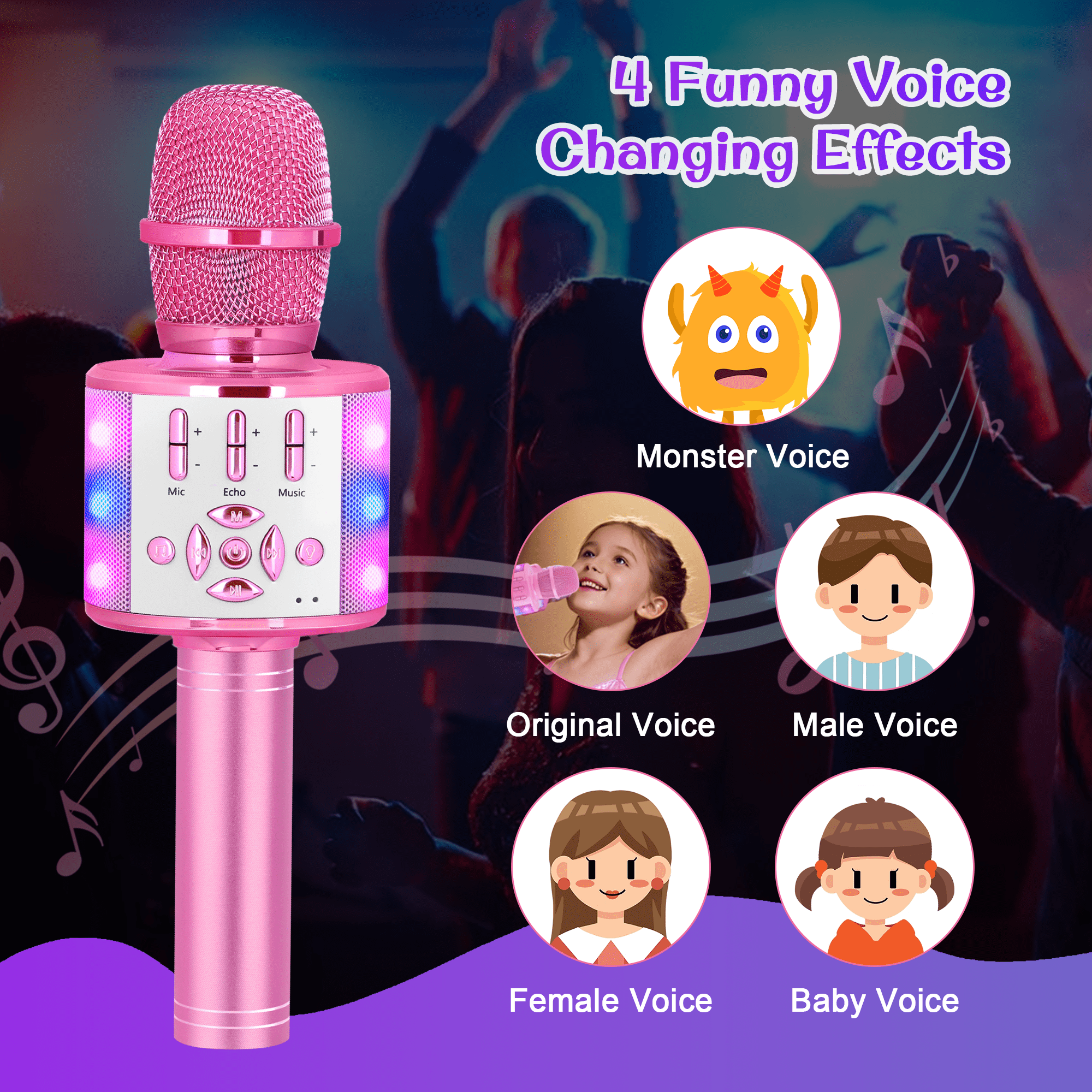 BONAOK Bluetooth Wireless Karaoke Microphone, Portable Handheld Karaoke Machine with LED Lights, Bluetooth Microphone Speaker Singing Gift for Kids Adults(Light Pink)