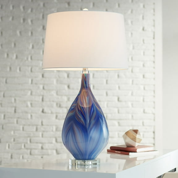 Possini Euro Design Taylor Modern Table Lamp 29" Tall Blue Art Glass with Dimmer White Fabric Drum Shade for Bedroom Living Room Bedside Nightstand