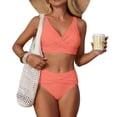 thumbnail image 2 of JoveMarine Women's Ruched Two Piece Swimsuit Solid Color Bikini Set Tummy Control Beach Bathing Suit Bathing Suit For Womens Swimsuits Orange S, 2 of 7