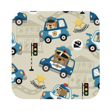 

Salouo Animals Driving Police Car Print Round Coaster Drink Coasters Leather Bar Beer Beverage Coasters for Drinks Set of 4 for Tabletop Protection Coffee Table Decor