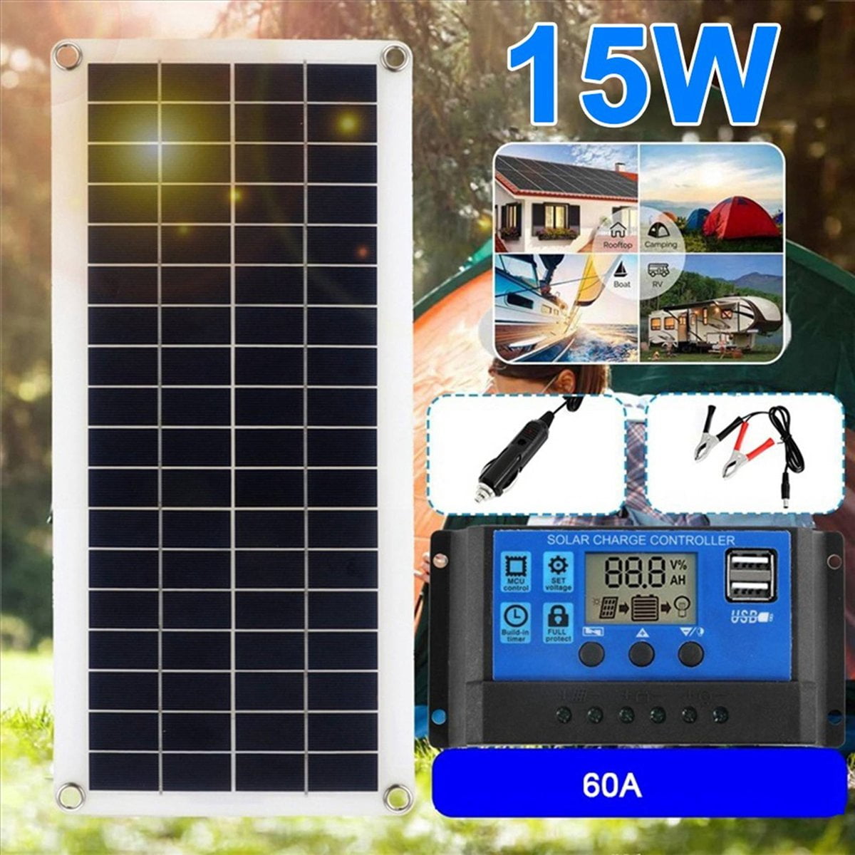 2X 15W Solar Panel 12-18V Solar Cell Solar Panel for Phone RV Car MP3 PAD Charger Outdoor Battery Supply A