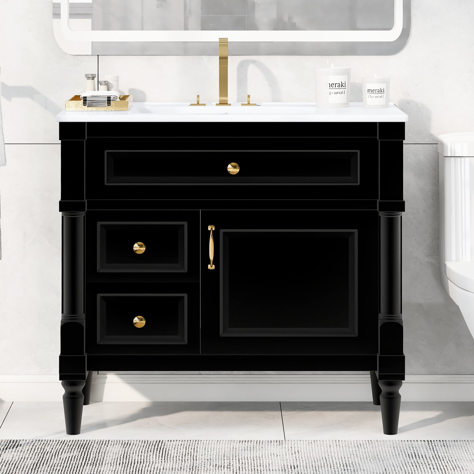 Euroco 36" Bathroom Vanity with Sink, Freestanding Bathroom Cabinet with Ceramic Basin, Flip Drawer, Adjustable Shelf, Rubberwood Frame & MDF Panels, Metal Handles, Black Painted Finish