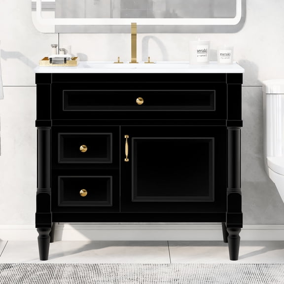 36" Bathroom Vanity with Sink, Freestanding Vanity with Ceramic Basin, Flip Drawer & Adjustable Shelf, Black Bathroom Cabinet with Smart Storage, Rubberwood Frame