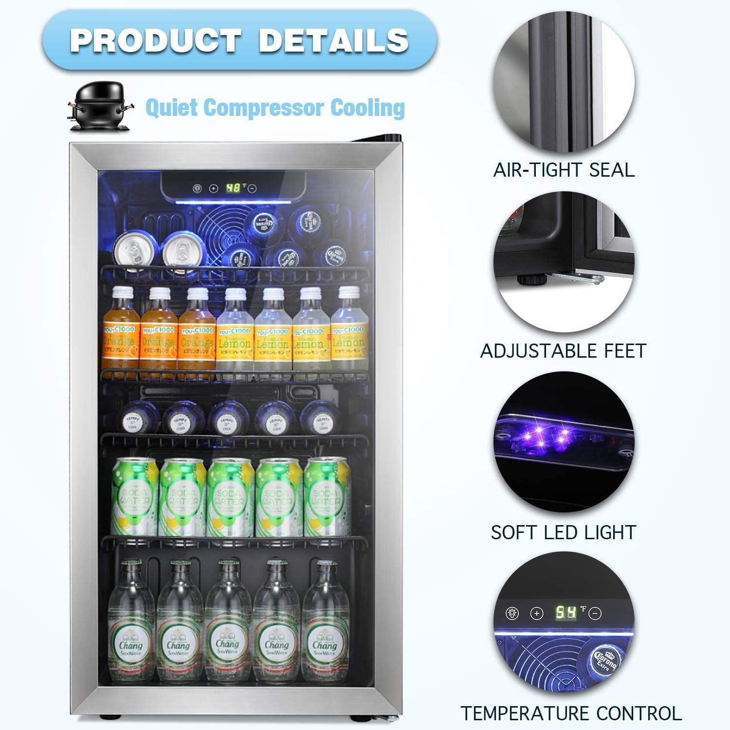 YUKOOL W5899SSH Drink Dispenser Beverage Refrigerator with Glass Door, Silver, 3.2 ft
