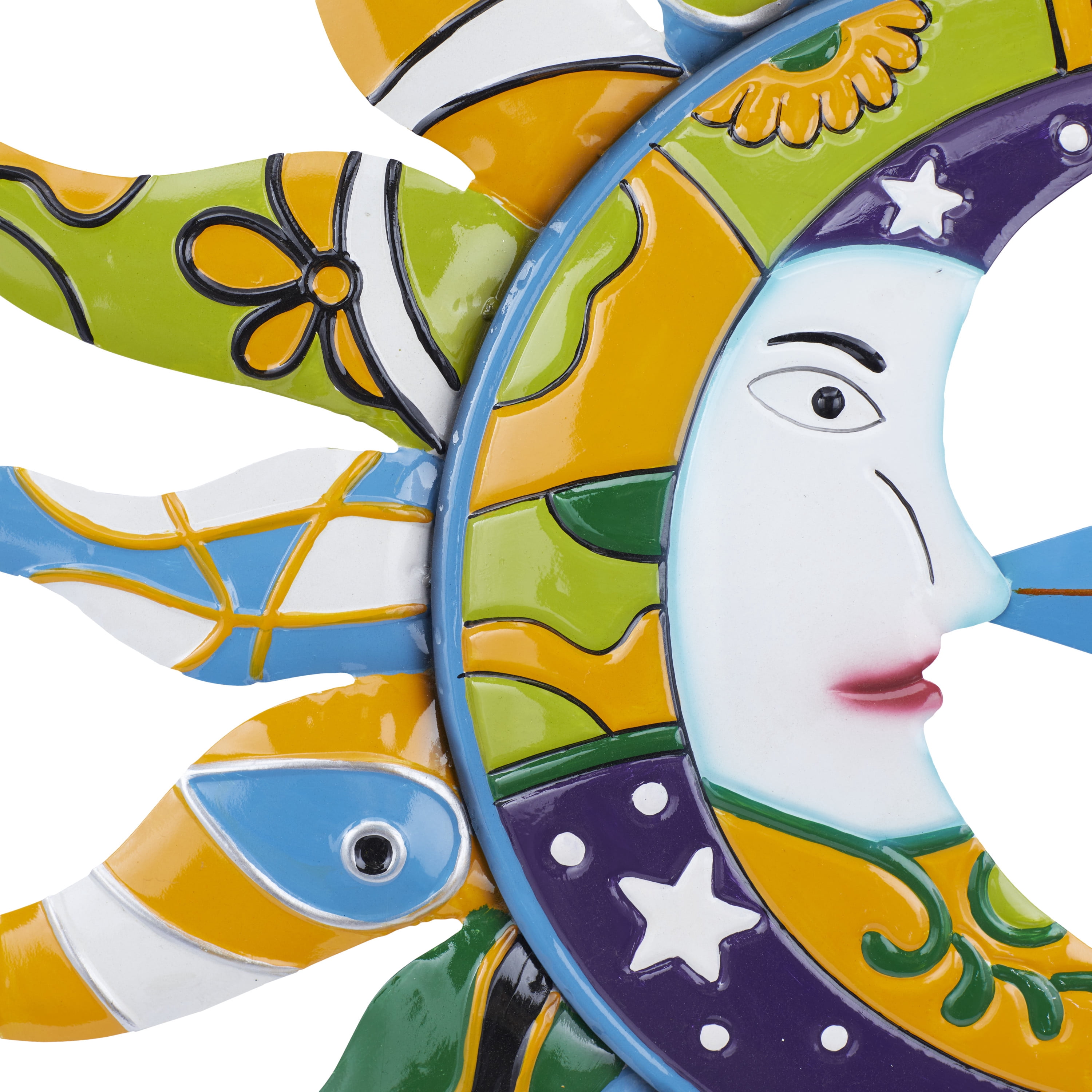 DecMode Multi Colored Metal Sun and Moon Indoor Outdoor Abstract Patterned Home Wall Decor with Yellow and Blue Accents, 25" x 1" x 25"