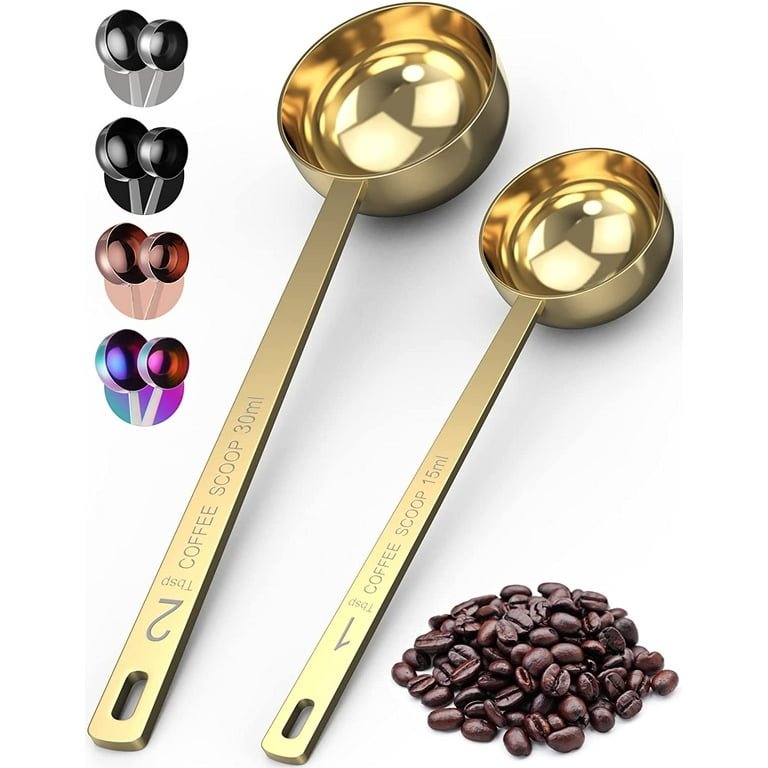 2 Pack Coffee Scoop, Tablespoon measure spoon contains 1 tablespoon (15ml)  and 2 tablespoons (30ml), Stainless steel long handle coffee spoon silver