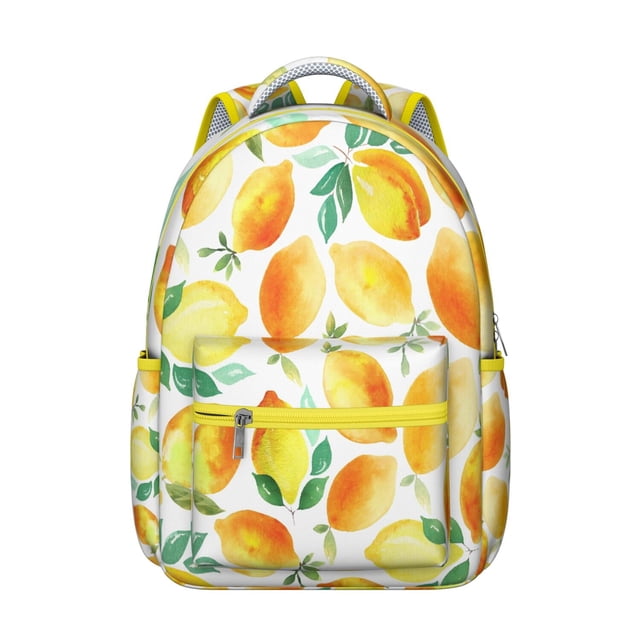 Cute Lemon Students Backpack Yellow Fruit School Bag with Summer Retro Floral Pattern, Lightweight and Adjustable Strap