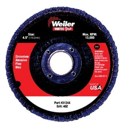 

Weiler 804-31343 4-1-2 Inch Vortec Abrasive Flap Disc 36Z 7-8 Inch A.H.