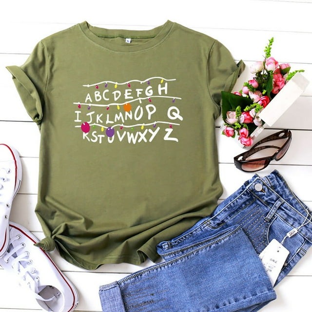 Hauts d'Été Grande Taille pour Femmes, T-Shirt Imprimé Lettre Alphabet Tendance pour Femmes, Manches Courtes Décontractées, Col en V, T-Shirt pour Femmes en Liquidation