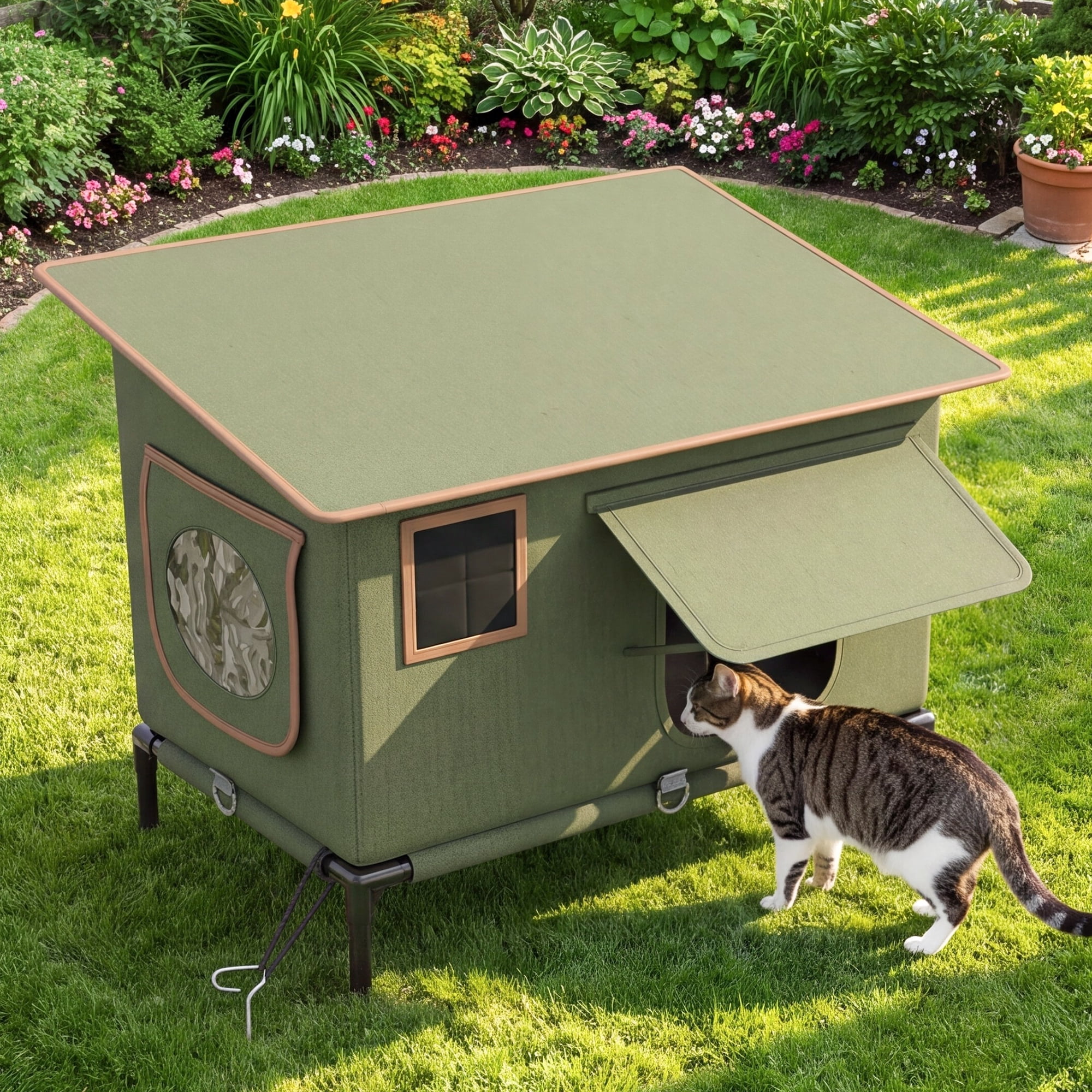 Uforic Heated Cat House with Heated Pad and Escape Door for Outdoor Waterproof Cat Shelter Insulated  Outdoor Cat House  Green  Large