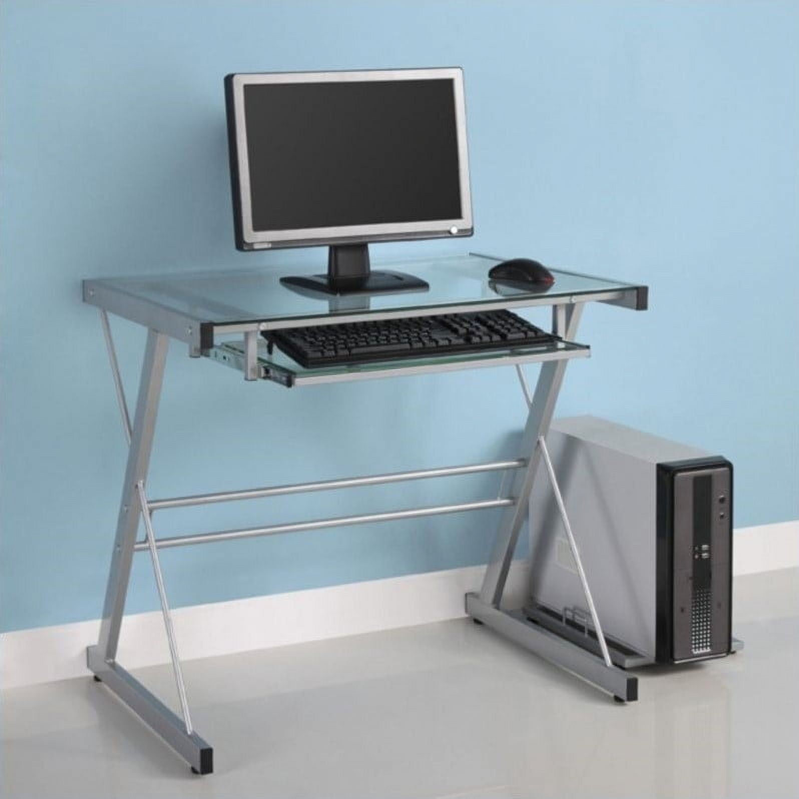 Pemberly Row Small Glass Top Computer Deskwith Keyboard Tray in Silver