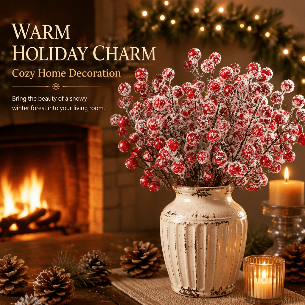 Artrylin 20 Pcs Artificial Holly Berry Stem Picks,Winter Frosted Red Berry Stems,Christmas Holly Berries Decorations,9" Fake Snowy Red Berry Branches,Christmas Tree Ornaments with Snowflake Glitter