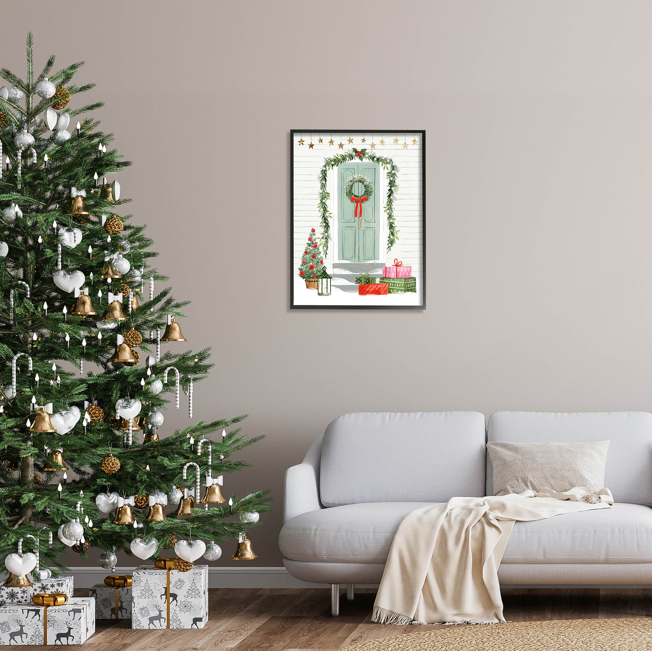 Stupell Industries Christmas Presents Wreath Doorstep Graphic Art Black Framed Art Print Wall Art, Design by Victoria Barnes