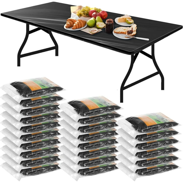 24 Pcs Summer Plastic Table Cloth Rectangle Picnic Table Covers Elastic Fitted Tablecloth, Disposable Waterproof for Camping, Indoor, Outdoor(8 Ft, 96 x 30 Inch,Black)