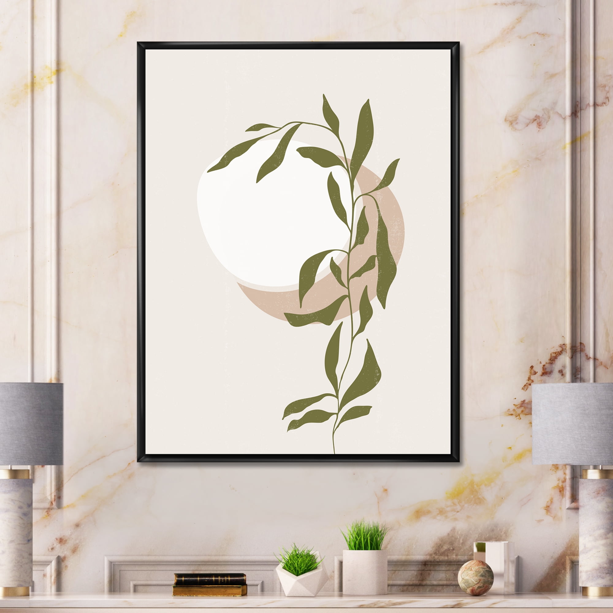 Designart 'Abstract Moon and Sun With Green Leaf III' Modern Framed Canvas Wall Art Print