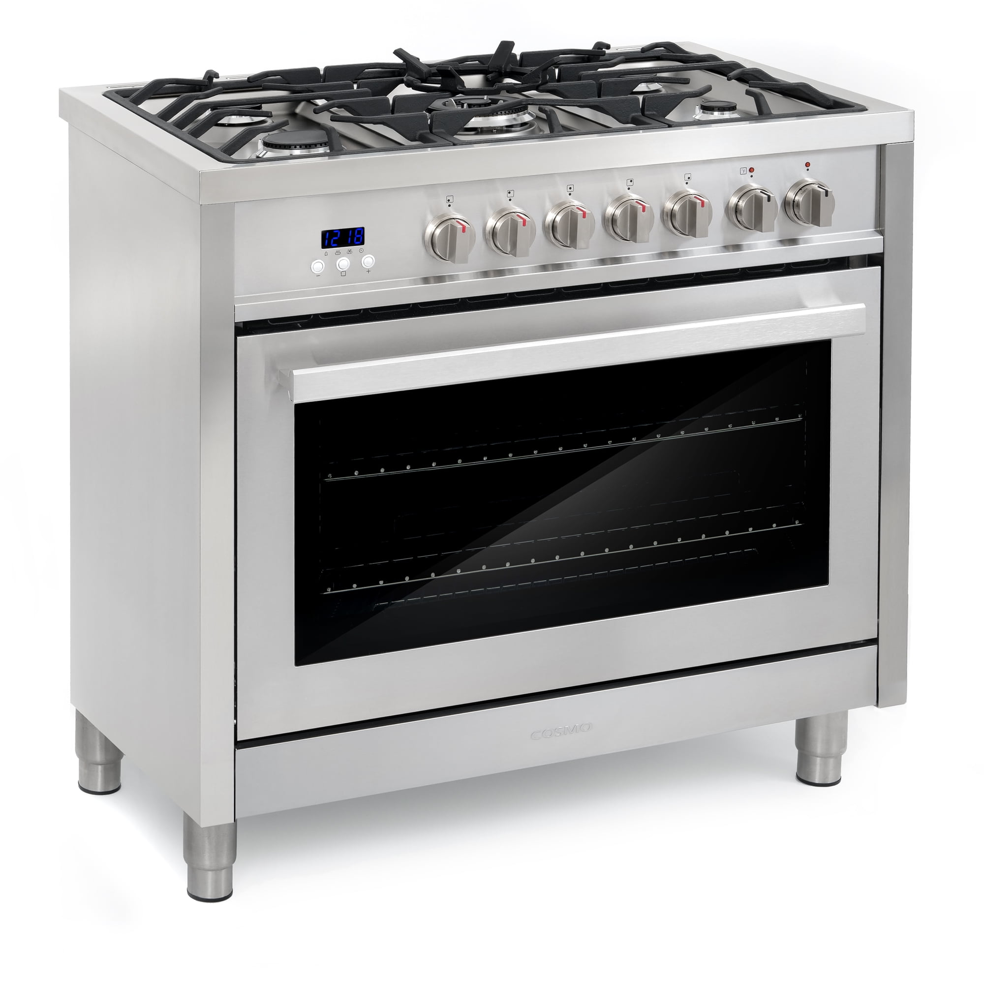 Cosmo 5 Piece Kitchen Appliance Packages with 36" 220/240V Dual Fuel Range 36" Wall Mount Range Hood 24" Built-in Fully Integrated Dishwasher French Door Refrigerator & 48 Bottle Wine Refrigerator