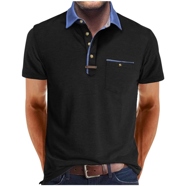 Camisas Elvqul Hombre Casual Negro Manga Corta Patchwork Deportivas Con Bolsillos Botones con Solapa