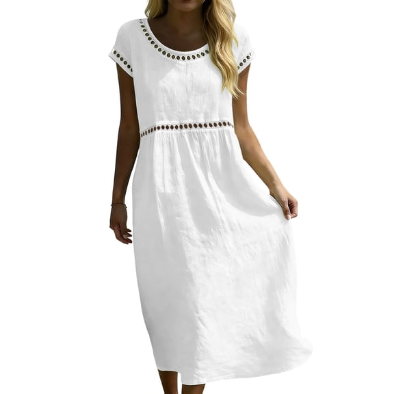 Dress for Women Short Sleeve Loose Fitted House Dresses Crew Neck Summer Casual Solid Beach Boho Midi Sundress