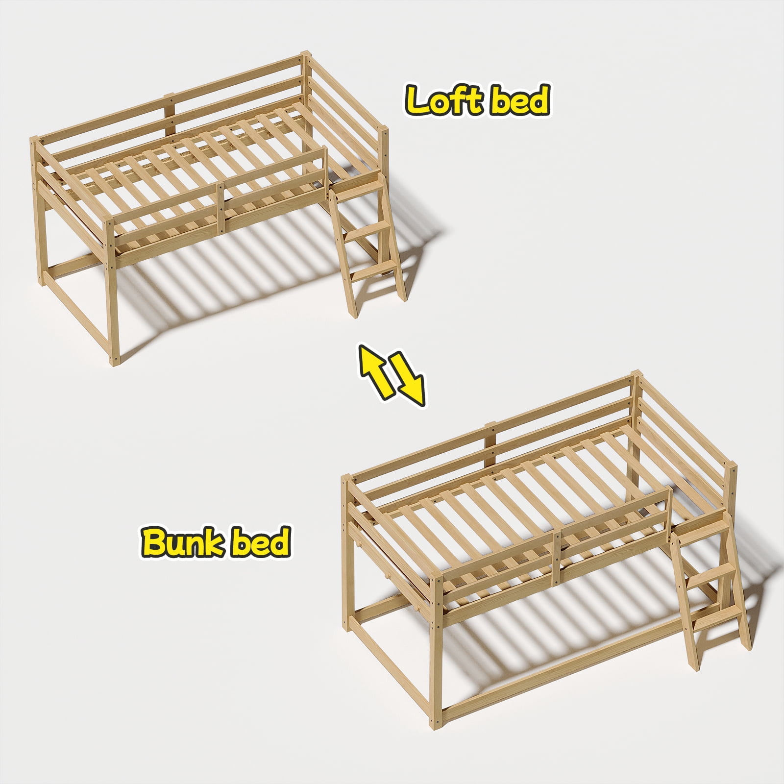 Kids Loft Bed, Twin Low Loft Bed - Solid Wood Convertible Bed with LED Strip Lighting and 6 Wooden Hooks, Transforms to Bunk Bed, Safe for Kids Room, Easy Assembly, Oak Finish