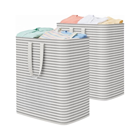 2 Pack Laundry Hamper, 72L Collapsible Canvas Basket with Handles, Grey White