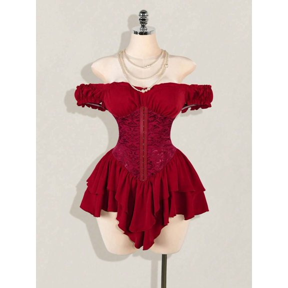 Burgundy Off Shoulder Gothic Corset Mini Dress With Ruffle Trim, Jacquard Waist, Layered Hem & Sweetheart Neckline