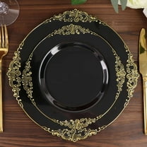 Efavormart 10 Pack | Black/Gold Baroque 8" Round Plastic Dessert Salad Plates, Disposable Tableware with Leaf Embossed Gold Rim