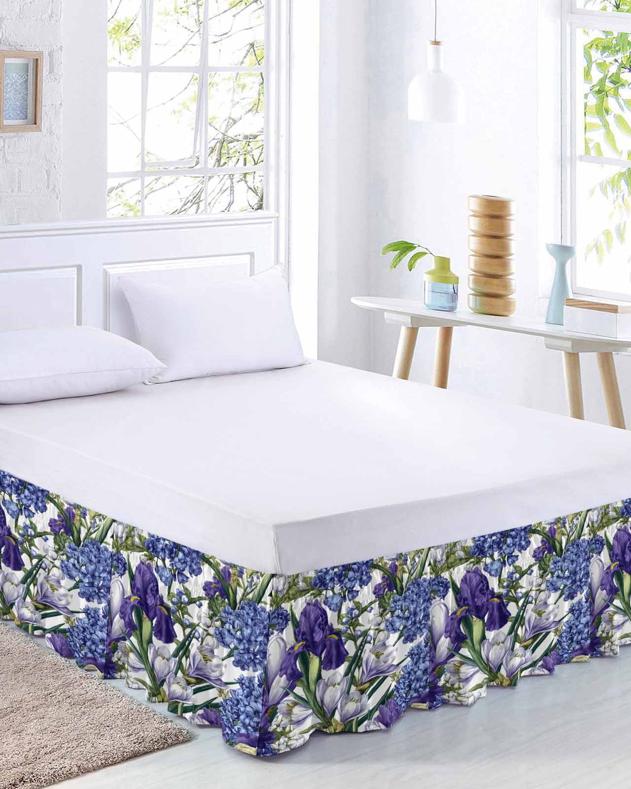 Spring Flower Bed Skirt Queen Size 16 Inch Drop, Retro Blue Hydrangea Purple White Floral Green Leaf Adjustable Elastic Dust Ruffles Bedskirt for Queen Bed Wrap Around Pleated Mattress Frame Cover