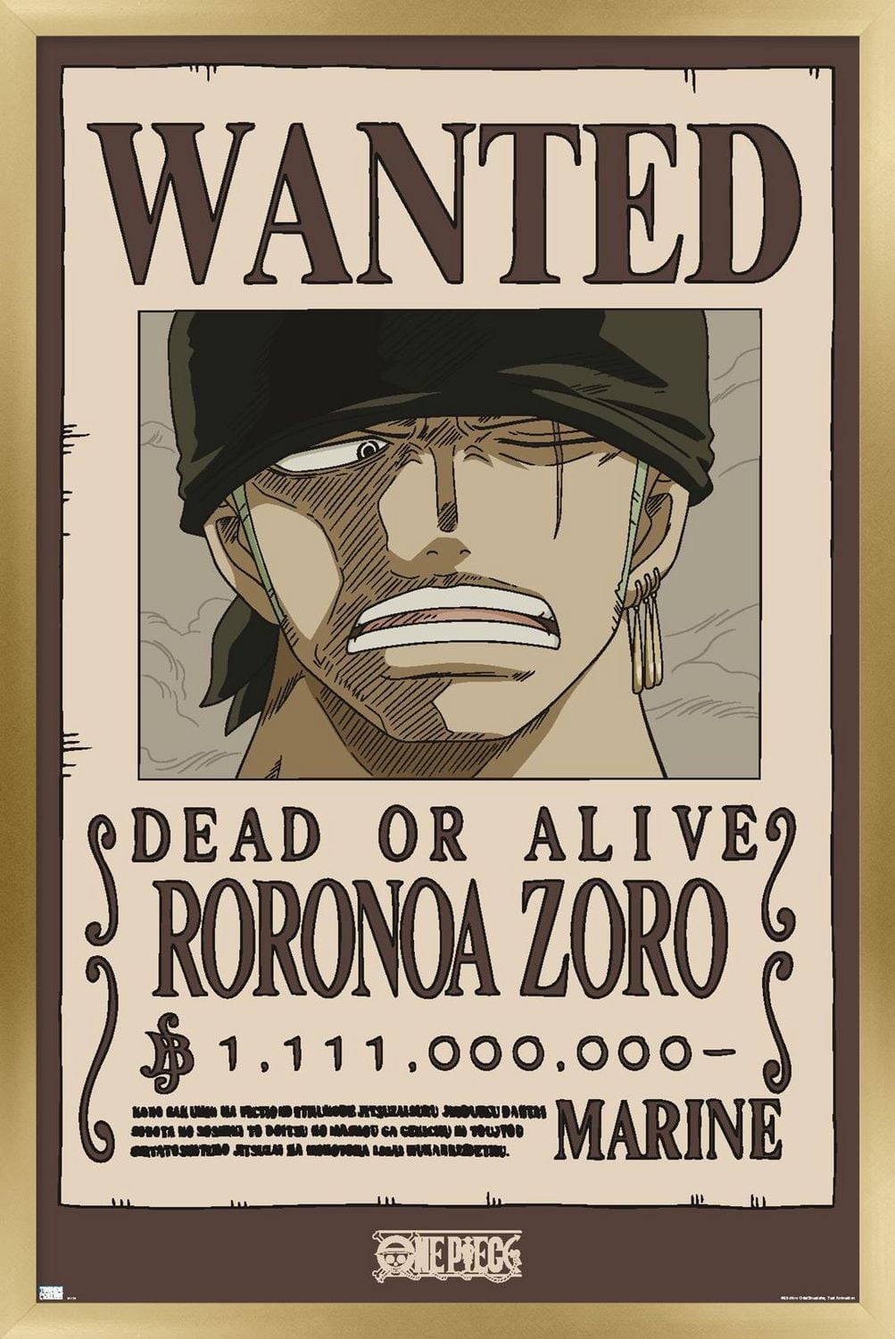 One Piece - Roronoa Zoro Wanted Poster Wall Poster, 14.725" x 22.375" Framed