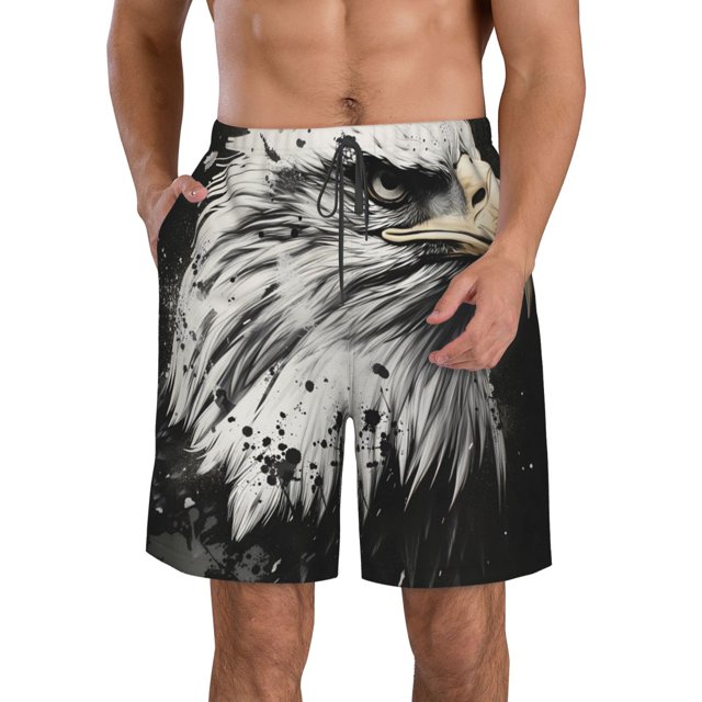 Fotbe Ink Style Bald Eagle Trajes de Baño Estampados para Hombre, Shorts de Verano de Secado Rápido, Ropa de Playa, Bañadores-Large
