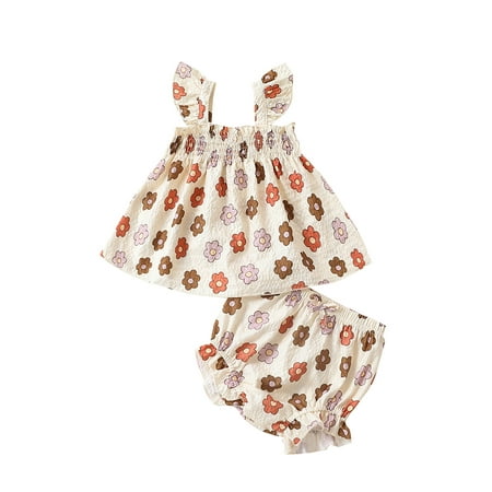 

Infant Baby Girls Summer Flower Print Fly Sleeve Dress Tops Elastic Waist Shorts Outfits 2Pcs