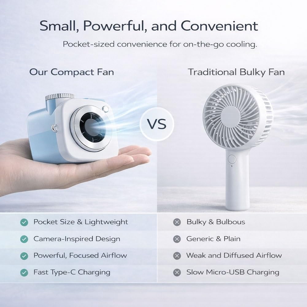 Mini Camera Shaped Portable Fan, Small Personal Quiet Desk Fans with 199-Speed Turbo Cooling,Cute Compact Handheld Clip on Fan Strong Airflow That Blow Cold Air for Car Outdoor Office Desk Use
