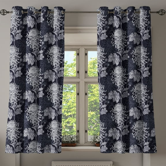 Ambesonne Floral Grommet Curtain, Chrysanthemum Blooming, 50" x 54", Indigo Pale Grey